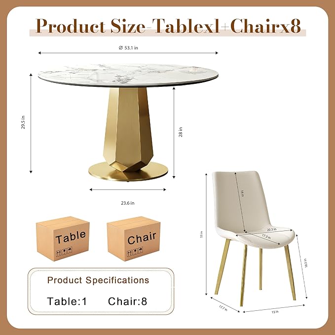 Montary 53 inch Luxury Round Dining Table Set with Sintered Stone Top & Gold Stainless Steel Base, Modern 9-Piece Kitchen Set for 4-8 People, Dining Table with 8 White PU Chairs, Easy Assembly