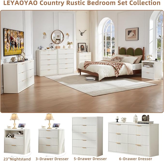 LEYAOYAO Fluted 5 Drawers Dresser Set of 2, 41" Tall Modern Chest of Drawers with Metal Handle, Curved Profile Dresser TV Stand, Wooden Drawer Organizer for Bedroom, Living Room, Hallway,Antique White