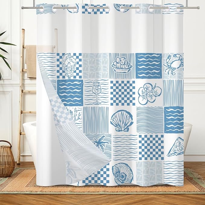 No Hook Shower Curtain Summer Blue Double-Layered Shower Curtains with Snap in Fabric Liner Tropical Fruits and Marine Life Curtains for Bathroom Waterproof Polyester Cloth 71x74 Inch