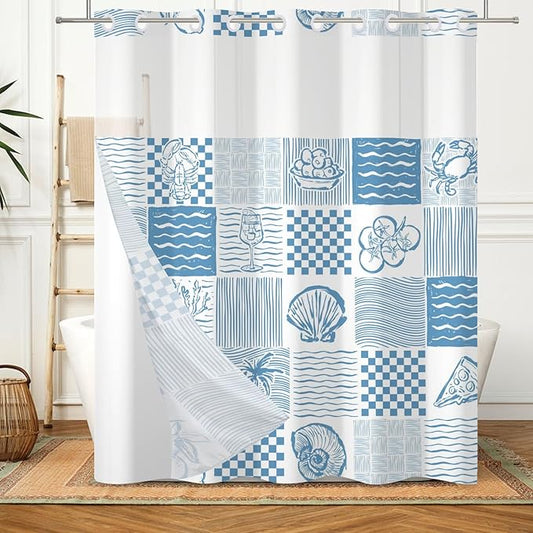 No Hook Shower Curtain Summer Blue Double-Layered Shower Curtains with Snap in Fabric Liner Tropical Fruits and Marine Life Curtains for Bathroom Waterproof Polyester Cloth 71x74 Inch