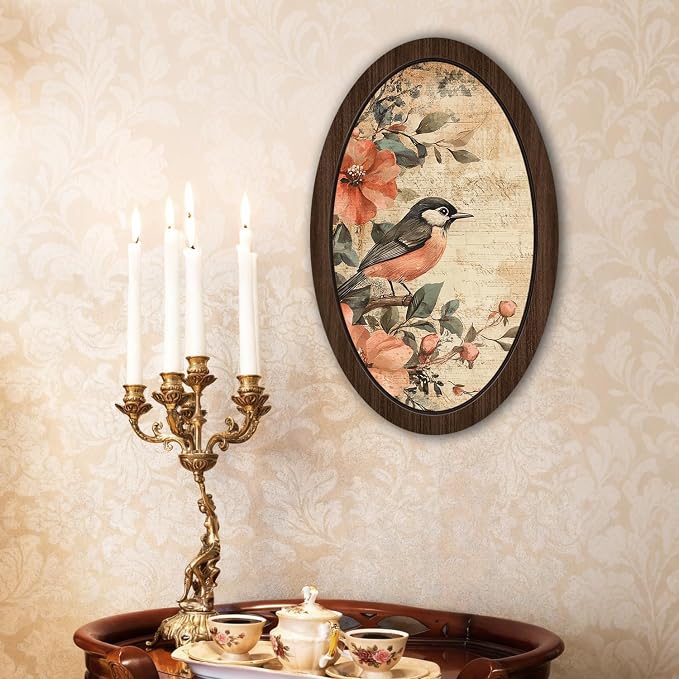 UYIKG Vintage Bird Floral Oval Wooden Framed Wall Art Decor,Rustic Farmhouse Cottage Core Decor,Vintage Wall Decor for Theme Room Home Bedroom Living Room Home Office 9x14.6 in