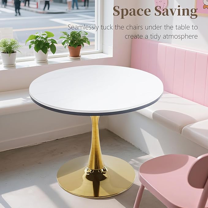 31.5 Inch Round Dining Table,Mid-Century Tulip Table with Metal Pedestal Base,Modern Leisure Table for Small Space Kitchen Dining Room,Easy Assembly,Gold and White