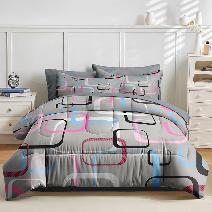 Nesker 7 Pcs Comforter Set Full Size, Geometric Retro Square Bedding Set for Kids and Adults, Grey Colorful Bed Sheet Sets with Fitted Sheet 2 Pillowcases & 2 Shams