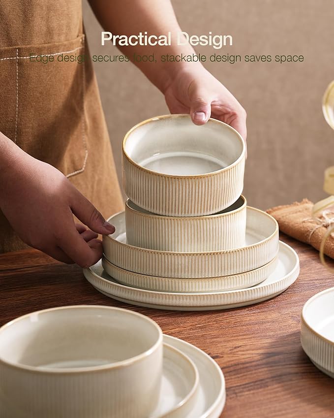 famiware Star Plates and Bowls Sets, Modern Stoneware Dinnerware Sets for 6, 18-Piece Kitchen Dish Set - Chip and Scratch Resistant, Microwave and Dishwasher Safe Tableware, Cappuccino White
