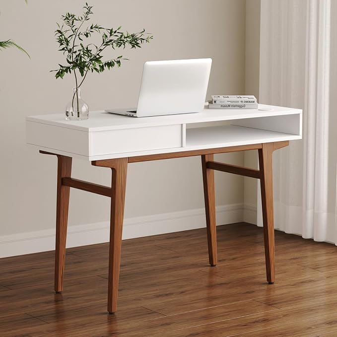 White Computer Desk with Drawers - 45 inch Minimalist Small Solid Wood Mid-Century Modern Office Desk for Home - Boho Style Writing Table with Open Storage,Light Wooden Desk Workspace