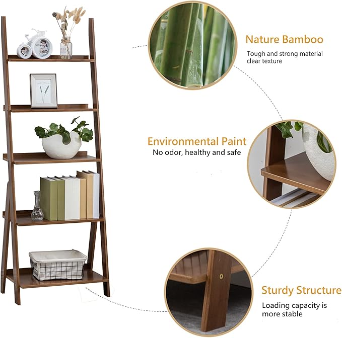 Ladder Shelf, 5-Tier Leaning Shelf, Free Standing Organizer Storage Shelves, Storage Rack Shelf for Office, Living Room, Nature