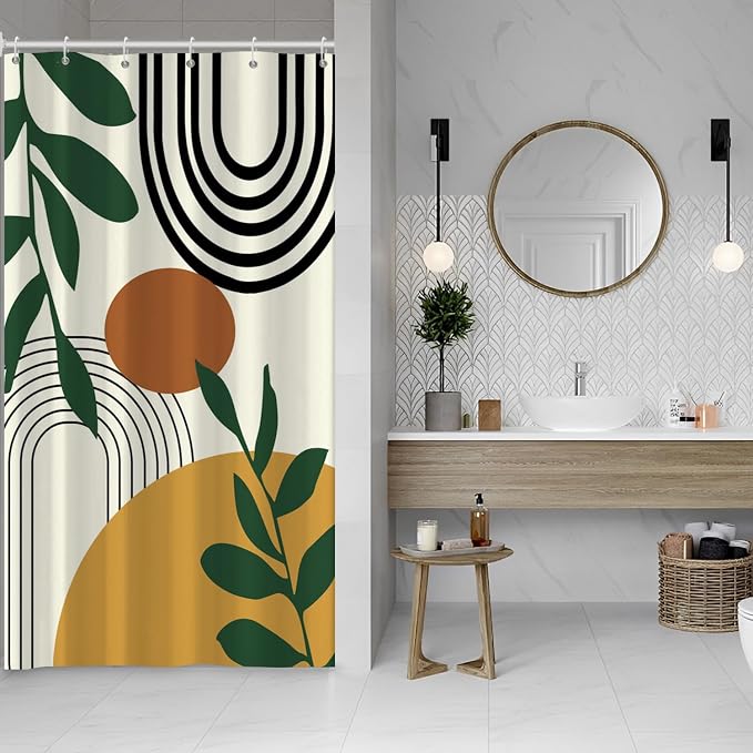 Boho Geometric Shower Curtain Beige Mid Century Abstract Arch Curve Bathroom Curtain Minimalistic Sun Shower Curtain Sets for Bathroom Extra Long 54x72 in with 10 Hooks