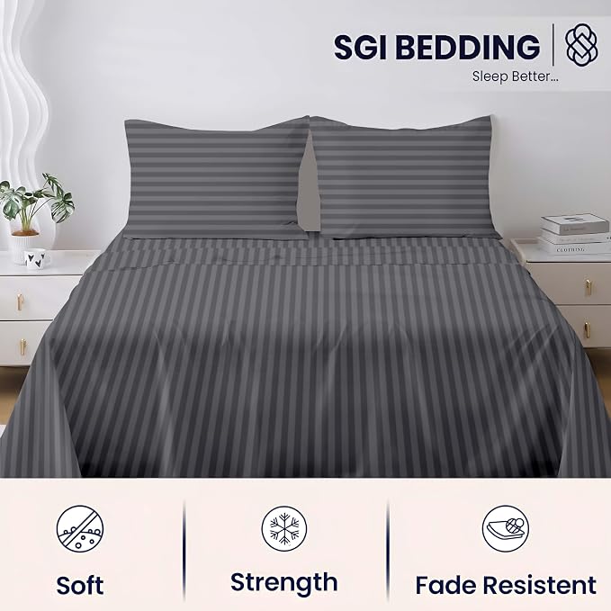 SGI Split King Sheet Set for Adjustable Bed Egyptian Premium Cotton 600 Thread Count Sheets for Sleep Number Bed 15" Deep Pocket 5 Pc Set with 2 Twin XL Fitted Sheets Soft Breathable -Dark Grey Stripe