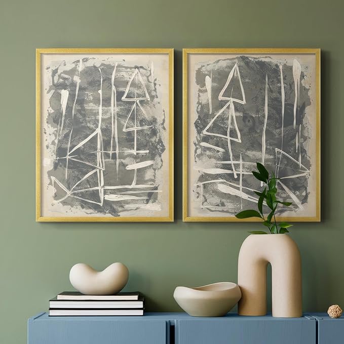 Renditions Gallery Set of 2 Peel & Stick Framed Prints, Trendy Abstract Wall Art, Textured Linework Striking Wall Decor, Re-Stickable - Ready to Hang - 22"x28" - GOLD Frame LT588