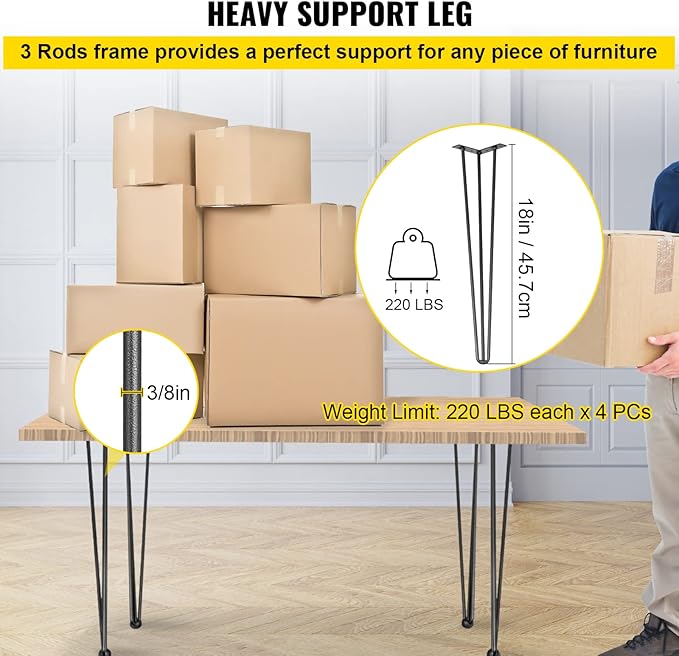 VEVOR Hairpin Table Legs 18" Black Set of 4 Desk Legs 880lbs Total Load Capacity Hairpin Desk Legs 3 Rods for Bench Desk Dining End Table Chairs Carbon Steel DIY Heavy Duty Furniture Legs