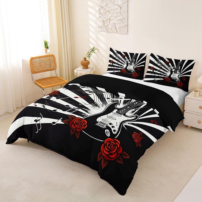 Erosebridal Guitar Comforter Cover King Rock Roll Vintage Room Decor Bedding Set Abstract Striped Musical Notes Duvet Cover,Rose Floral Punk Music Bed Set