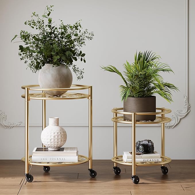 2 Tier Rolling Plant Stand with Wheels, Mid Century Modern Metal Stand for Planters, 2 Sizes 9 Inch & 11 Inch, Indoor Outdoor Movable Flower Pot Holder for Decor Home Garden Patio Load Bearing 165 LB 2 Pack Gold