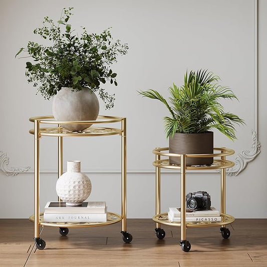 2 Tier Rolling Plant Stand with Wheels, Mid Century Modern Metal Stand for Planters, 2 Sizes 9 Inch & 11 Inch, Indoor Outdoor Movable Flower Pot Holder for Decor Home Garden Patio Load Bearing 165 LB 2 Pack Gold