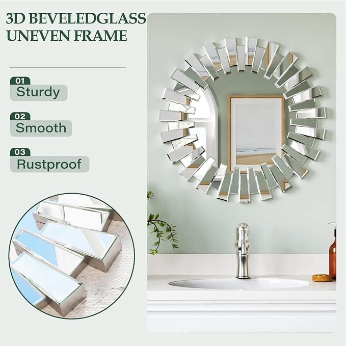 Round Decorative Mirror - 26" Sunburst Sun Mirrors for Wall Decor with Silver 3D Beveled Glass Frame, Modern Wall Art Accent for Living Room, Bedroom, Fireplace, Entryway