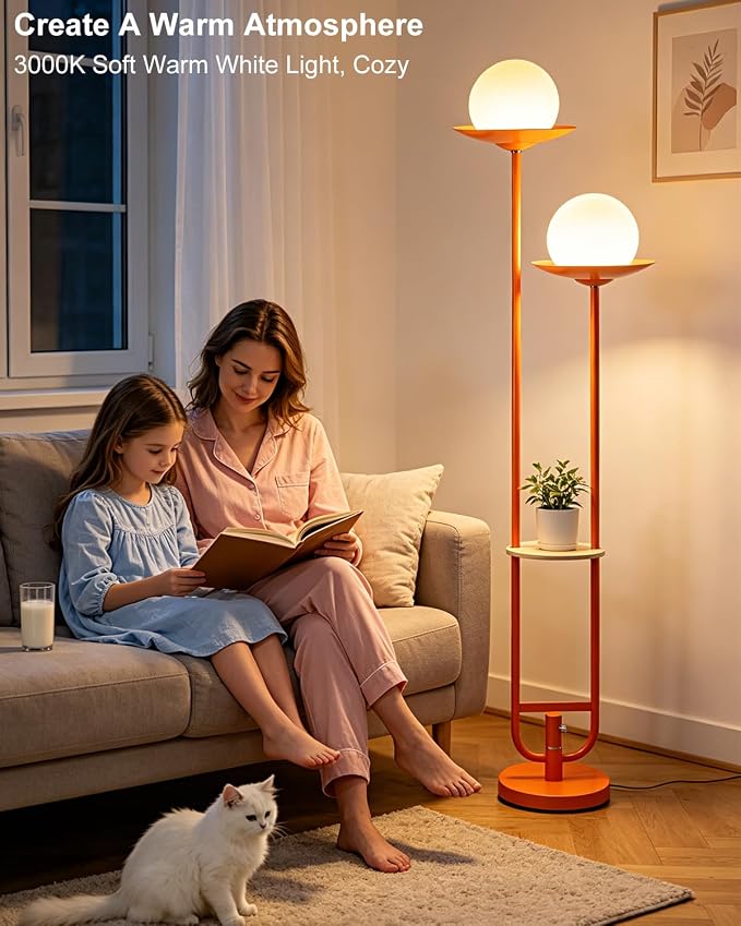 Orange Dimmable Double Globe Floor Lamp with Shelf, 63" 2-Light Mid Century Modern Standing Lamp for Living Room Bedroom, 3000K Warm White Tall Pole Lamp with Foot Switch for Home Office