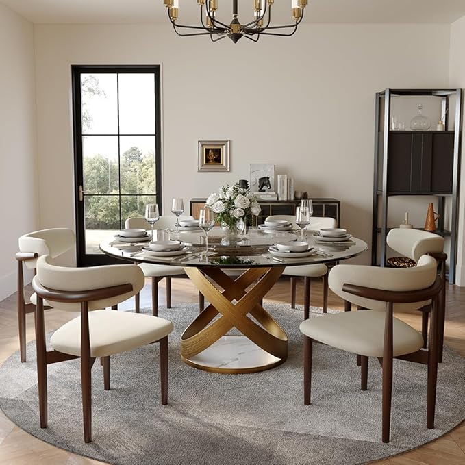 POVISON 59" Modern Round Dining Table with Lazy Susan, Glass Round Kitchen Table for 6, Glass Dining Room Table Top with Bronze X Carbon Steel Base for Dining Room (Dining Table Only)