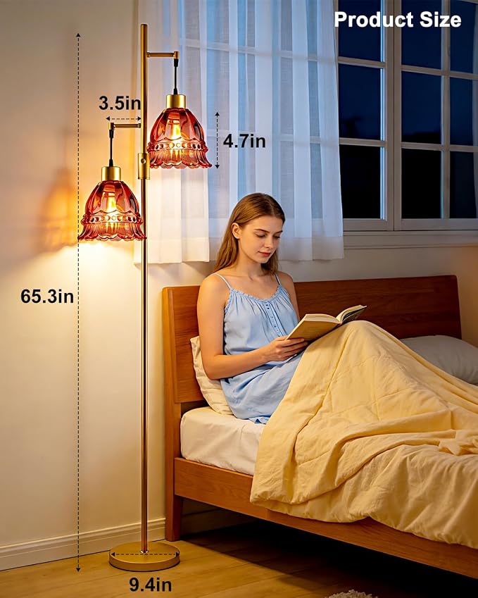 2-Light Modern Glass Floor Lamp, Gold Tall Standing Lamp with Deep Red Lace Glass Shade for Reading, Dimmable LED Floor Lamp with 5Lbs Heavy Base for Living Room Bedroom Home Decor, Bulb Included