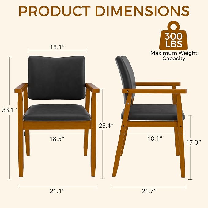Dining Chairs with Arms Set of 2, Wood Frame Faux Leather Kitchen Chairs, Comfortable Upholstered Accent Chairs for Kitchen, Dining Room,and Living Room(Black)