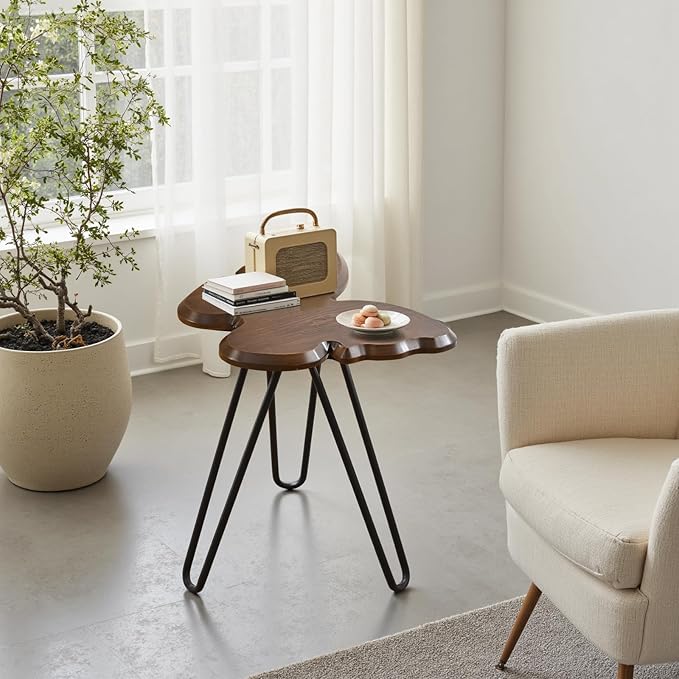 Butterfly Accent Side Table Set of 2, Walnut Brown MDF Wood Top & Black Hairpin Legs, Small Modern End Table，21.75" Tall for Living Room, Bedroom or Small Spaces