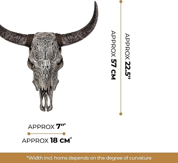 Skull Bliss - Hand-Carved Real Authentic Taxidermy Cow Skull/Bull Skull Wall Decor with Horns/Real Animal Cow Skull Wall Decor (Hand-Carved Horns)