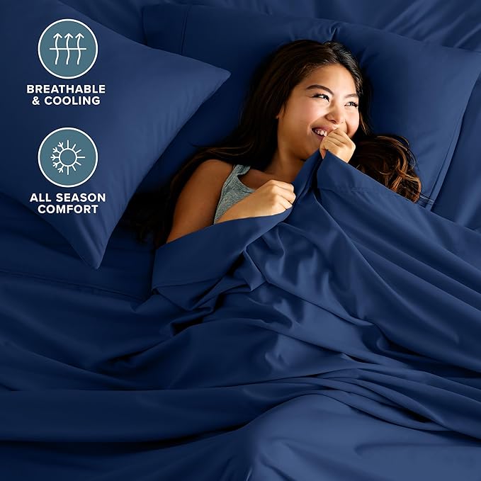 Bare Home Split Head Flex King Sheet Set - 1800 Ultra-Soft Microfiber Bed Sheets - Double Brushed - Deep Pockets - Easy Fit - 4 Piece Set - Bedding Sheets & Pillowcases (Dark Blue)