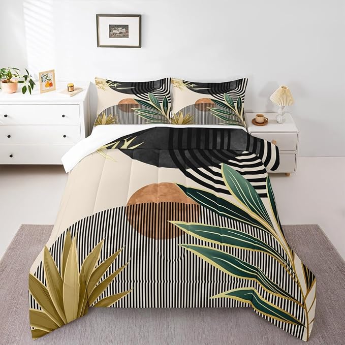 Erosebridal Mid Century Modern Comforter Set Full Boho Botanical Minimalist Bedding Set,Vintage Line Art Down Comforter Modern Simple Abstract Aesthetic Duvet Insert,Black Beige