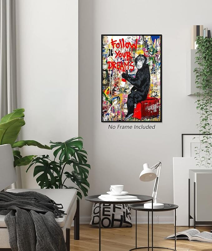 Tanmart Banksy Canvas Wall Art Monkey Follow Your Dreams Street Graffiti Wall Art Banksy Prints Gorilla Poster Monkey Artwork Graffiti Pictures Painting for Home Living Room Decor 16x24 Inch Unframed