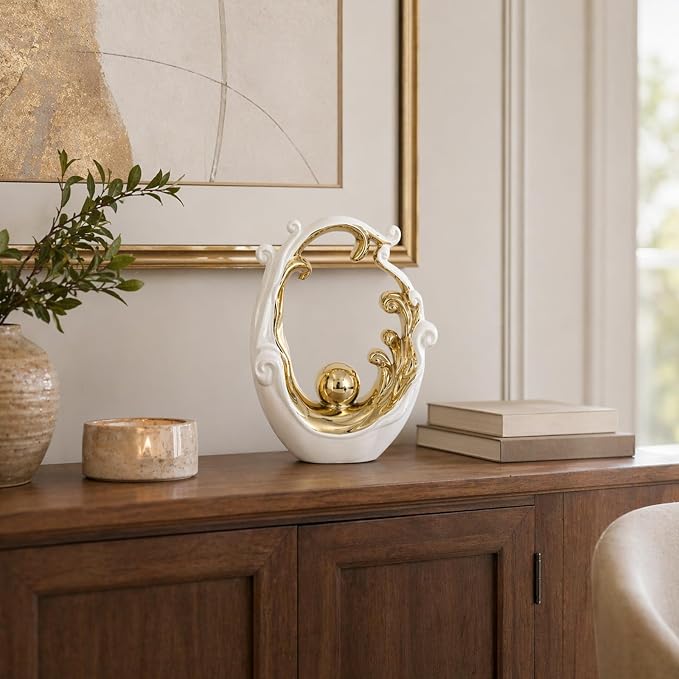 Abstract Ceramic Sculpture, White and Gold Modern Tabletop Statue Wave-Inspired, for Home Decor, Decorative Accent for Shelf, Mantel, Coffee Table, Console or Entryway