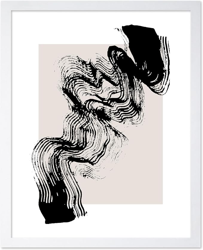 Poster Master Brush Waves Poster - Black Brush Wave Stroke Print - Abstract Design - Drawing Artwork - Mid Century Modern Art - Minimal Design - Living Room or Bedroom Wall Decor - 8x10 White Framed