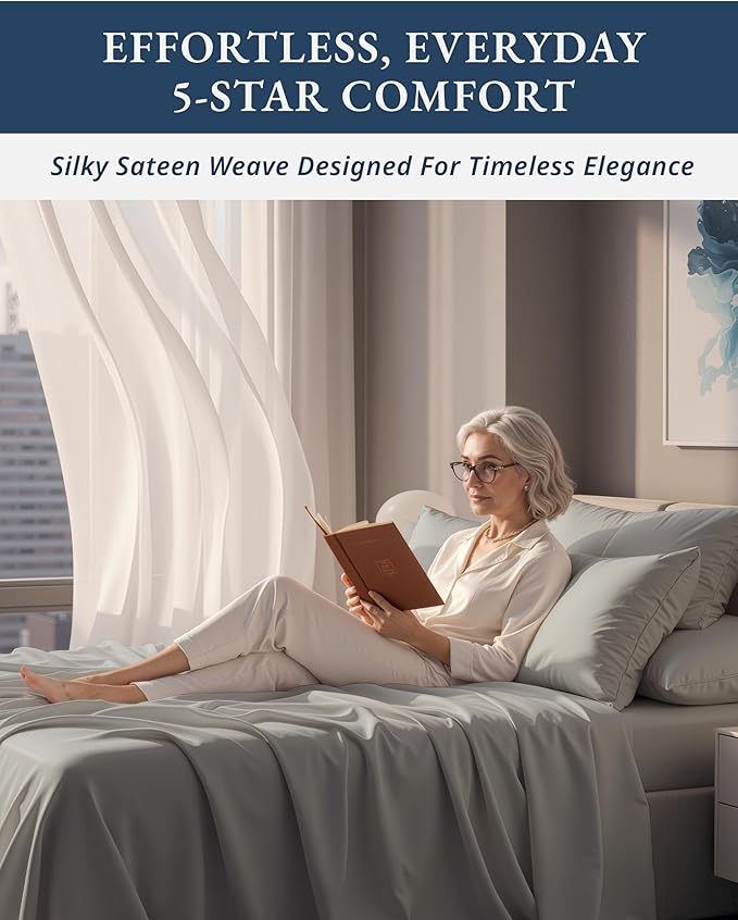 100% Egyptian Cotton Sheets King Size - Naturally Cooling & Breathable 4 Piece Silky Sateen Weave King Size Sheets Set, Ultra-Soft & Durable Hotel Luxury Sheets with 15" Snug Fit Deep Pockets - Silver