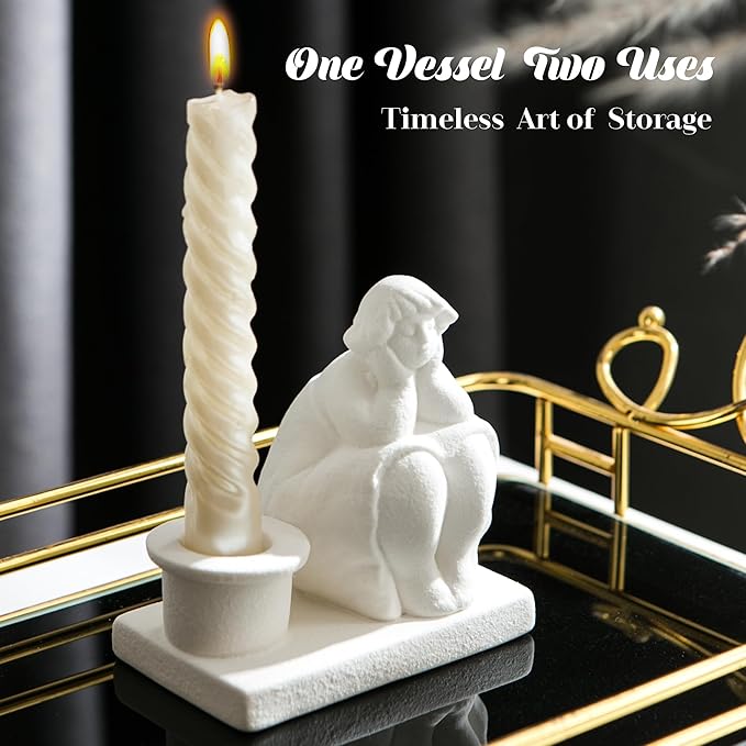 White Candle Holder, Handmade Ceramic Girl Candlestick Holders, Taper Candlelight Stand for Home Decor, Table Centerpiece and Coffee Table Decor
