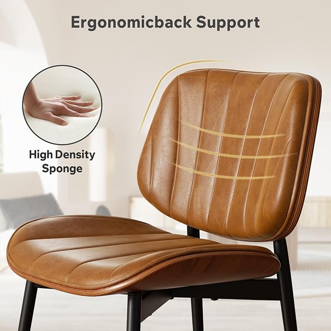 Dining Chair, Mid Century Modern Dining Room Chairs, Upholstered Faux Leather Kitchen Chairs with Walnut Bentwood Back and Metal Legs for Kitchen Dining Room Living Room, Brown