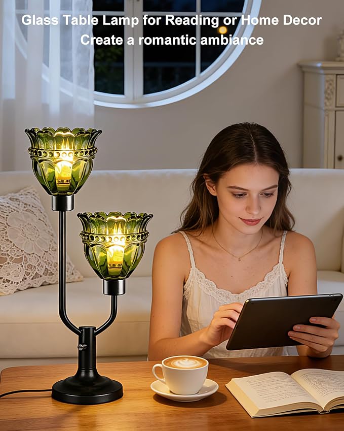 Lightdot Vintage Table Lamp for Bedroom Dimmable Mid Century Modern Black Desk Lamp Green Glass Nightstand Lamp 2 Bulbs Included Warmwhite Ambient Bedside Lamps for Living Room Home Office Decor Gift