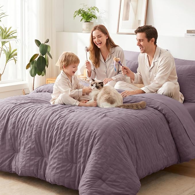 CozyLux Full Size Comforter Sets Dusty Purple, 7 Pieces Seersucker Textured Bed in a Bag Grayish Purple, All Season Bedding Set with Down Alternative Comforter, Sheets, Pillowcases & Shams, Home Gift