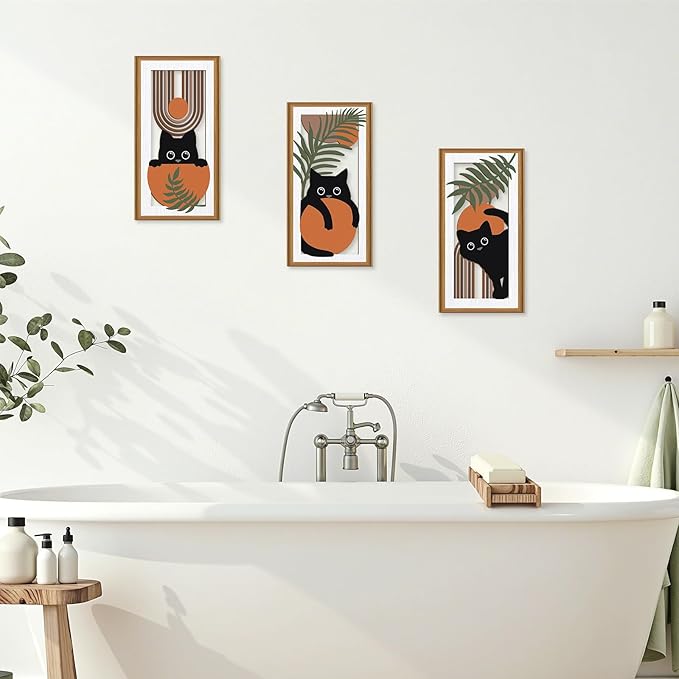 Ausril 3Pcs Boho Black Cat Wall Decor,Boho Cats Wall Art,Mid Century Modern Decor Black Kitty,Abstract Geometric Cats Artwork,Minimalist Botanical Bohemian Cat Wood Art for Home Bedroom Living Room
