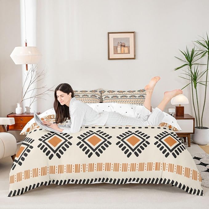 Erosebridal Bohemian Aztec Bedding Sets King Boho Hippie Comforter Cover, Western Tribal Pattern Bed Set Native Indian American Duvet Cover, Abstract Geometric Quilt Cover Beige Black Orange 3pcs
