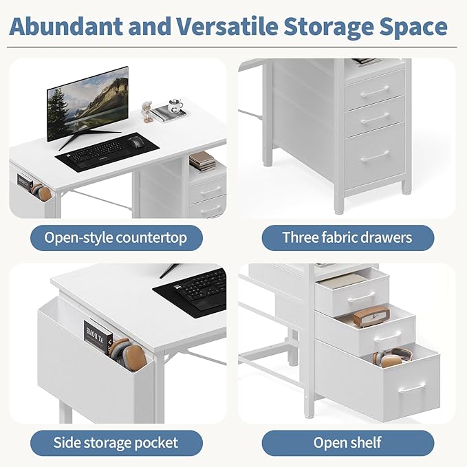 DUMOS 39" Computer Desk with Storage, Small Home Office Desk with 3 Fabric Drawers & Side Pocket, Space Saving Writing Desk for Apartment, Dorm, Gaming Workstation, White