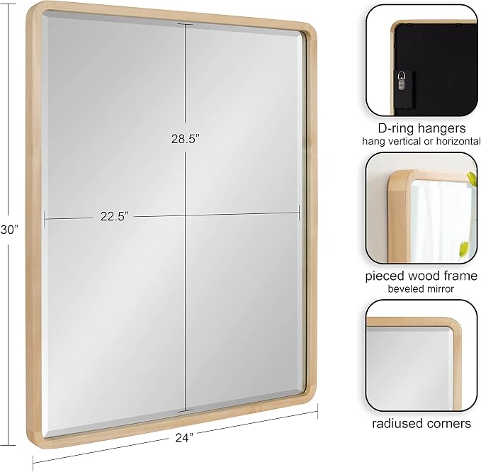 Kate and Laurel McLean Mid-Century Wood Framed Rounded Rectangle Wall Mirror, 24 x 30, Natural Poplar, Decorative Round Rectangular Mirror for Contemporary Wall Decor