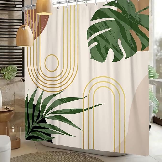 Boho Sage Green Shower Curtain Bohemian Mid Century Geometric Abstract Curve Bathroom Curtain Palm Leaf Polyester Shower Curtain Sets for Bathroom Extra Long 72x96 in with 12 Hooks
