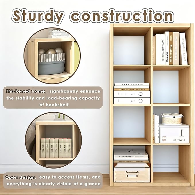 Endearing Limons【2026 Wooden Thick Border 8 Cube Shelf Storage Organizer with Anti-Tipping Kits + Reversible Open Back Bookcase (11 x 11 Unit Cell Oak)
