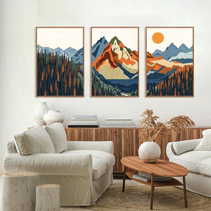 FWIEXA Vintage Mountain Framed Canvas Wall Art Set, Boho Sunrise Wall Prints, Abstract Nature Forest Artwork, Retro Lake Sunset Painting, 3 Panel 24x36 Inches Modern Rustic Decor for Living Room, Bedroom, Office