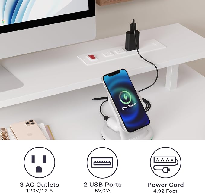 Furnify White Computer Desk with Drawers, 42 Inch Home Office Desk Study Writing Table, Gaming Desk with USB Power Outlets, Office Desk with Fabric Drawer, Work Table with Shelf for Bedroom, White
