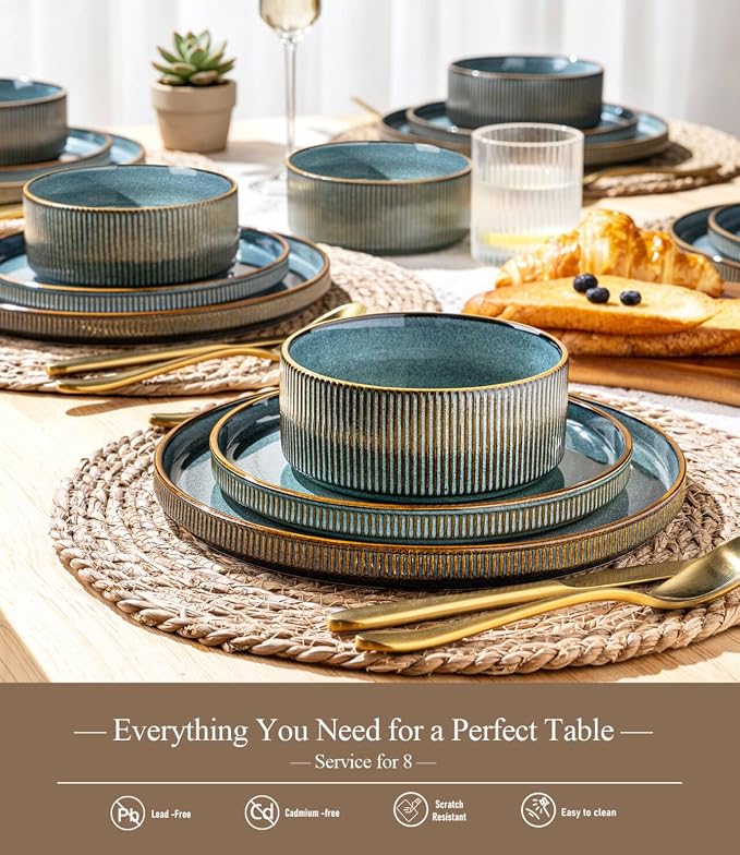 GBHOME 24-Piece Stoneware Dinnerware Set for 8 – Ribbed Ceramic Plates and Bowls, Scratch-Resistant, Microwave & Dishwasher Safe, Reactive Glaze-Space Blue