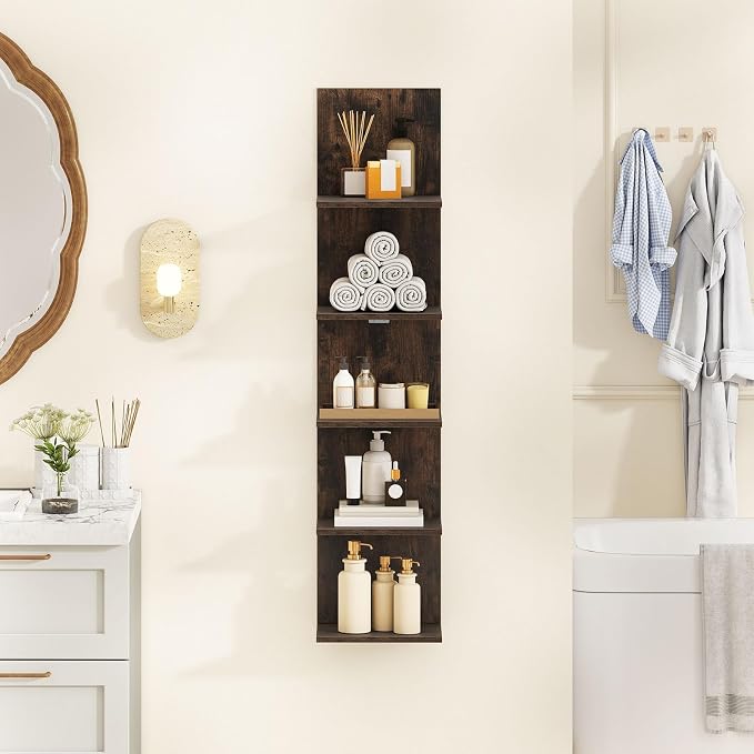 LOKO 5-Tier Wall Shelf, Vertical Column Storage Organizer with Expansion Screws, Decorative Wall Mounted Shelving, Floating Wooden Display Shelf for Living Room, Kitchen, Bathroom (1,Rustic Brown)