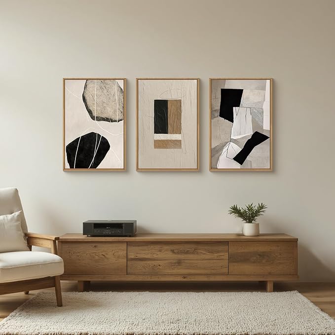 FWIEXA Modern Abstract Wall Art Set of 3, Black White Framed Paintings for Living Room, Neutral Beige Pictures Wall Decor, 16x24 Inch Minimalist Prints for Bedroom, Bathroom, Hallway, Office
