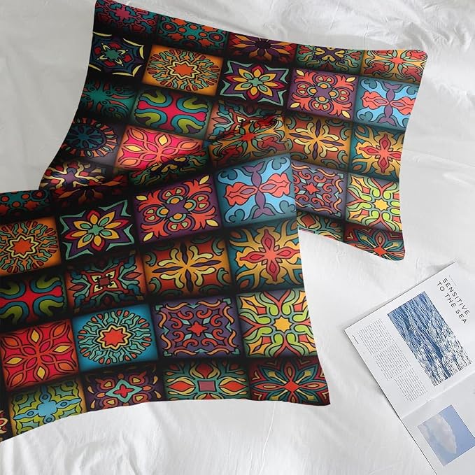 Pamnest Comforter Set King Size, Colorful Vintage Floral 7 Pcs Bedding for Kids and Adults, Mandala Bohemian Flower Bed Sheet Sets with Fitted Sheet 2 Pillowcases & 2 Shams for Bedroom Bed Decor
