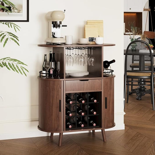 Wine Bar Storage Cabinet, Coffee bar Cabinet for Liquor with Open Wine Rack & Sliding Doors, Modern Home Bar for Living Room, Kitchen, Dining Room (Walnut)