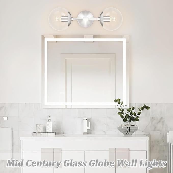 KoKo&Yukina Nickel 2 Light Vanity Light Fixtures Mid Century Modern Bathroom Vanity Light Globe Sconce with Clear Glass for Bathroom Bedroom