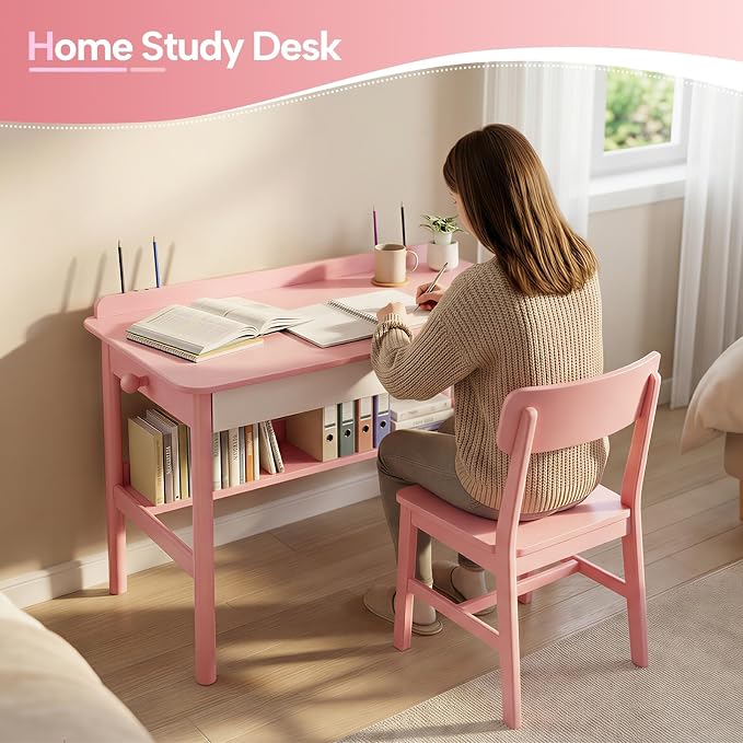 Solid Wood Study Desk & Home Office Writing Table with Drawers, 40" Vintage Mid Century Modern Computer Desk, Home Office Workstation for Bedroom, Small Spaces, Apartment(Pink,39.4 Inch Wide)