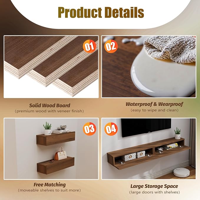 Floating Solid Wood Console Table, 47'' Wall Mounted Narrow Entryway Table with Storage Shelf, Modern Couch Shelves Small Entry Way Tables for Entryway, Front Hall, Hallway (Walnut, 47.24IN)
